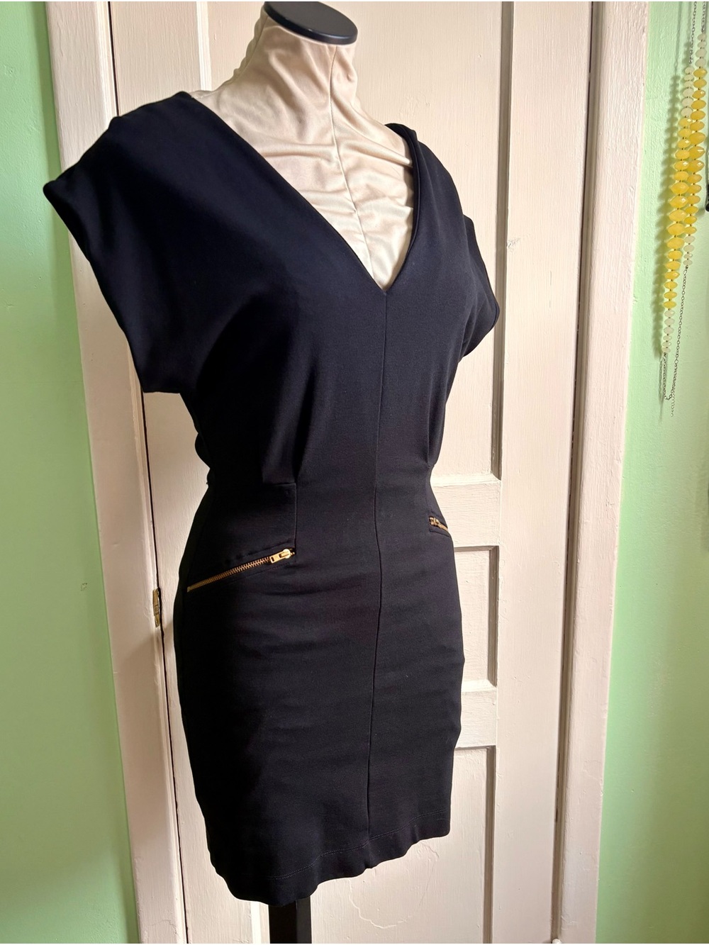 French Connection Black Mini Dress with Gold Zipper Details